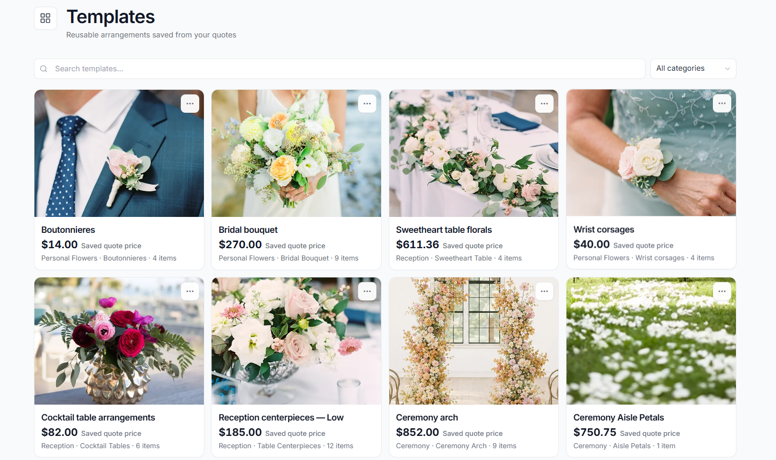 Stemly Templates grid of reusable arrangements saved from quotes.