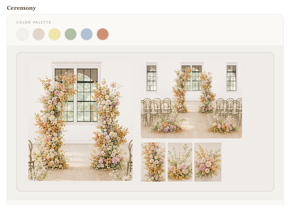 Stemly Ceremony design board with floral arch inspiration and color palette