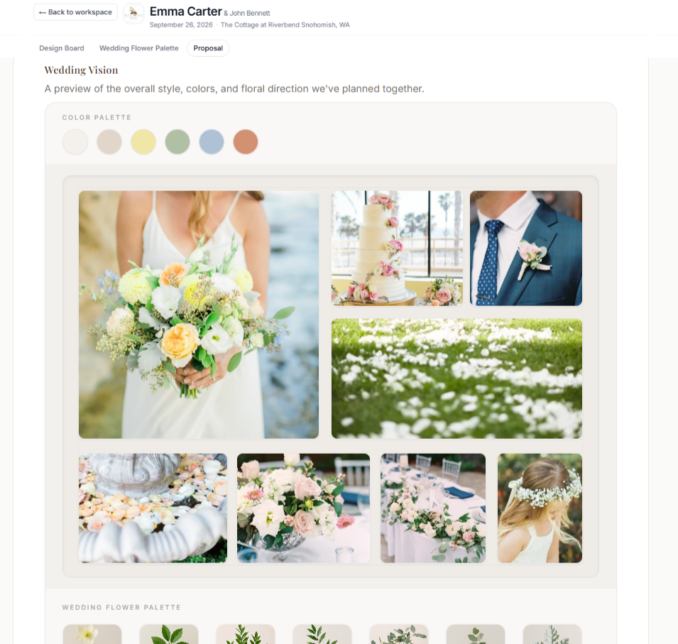 Stemly client meeting view of Wedding Vision, with inspiration photos, a color palette, and the wedding flower palette