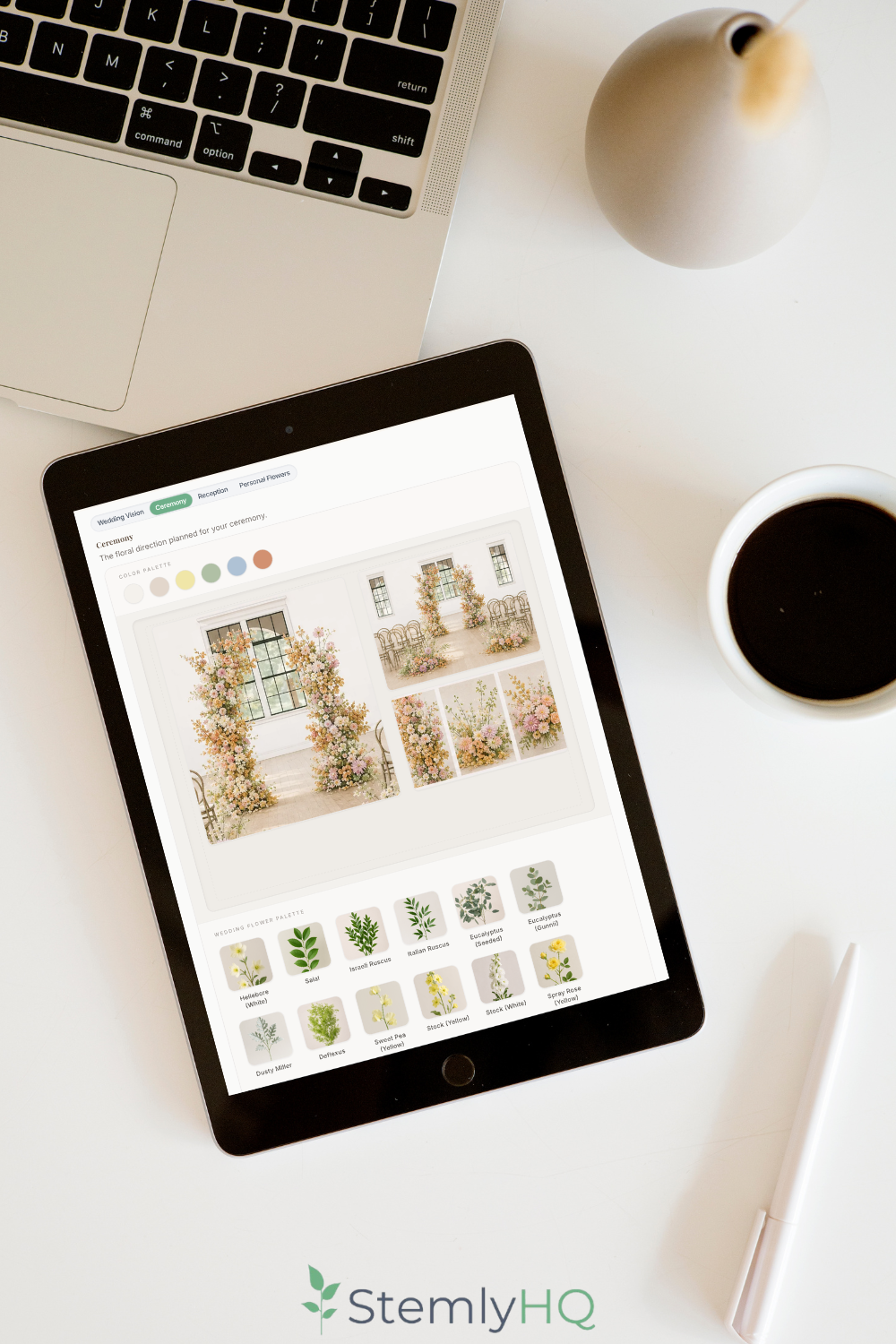 Stemly Ceremony design board on a tablet in a soft editorial workspace