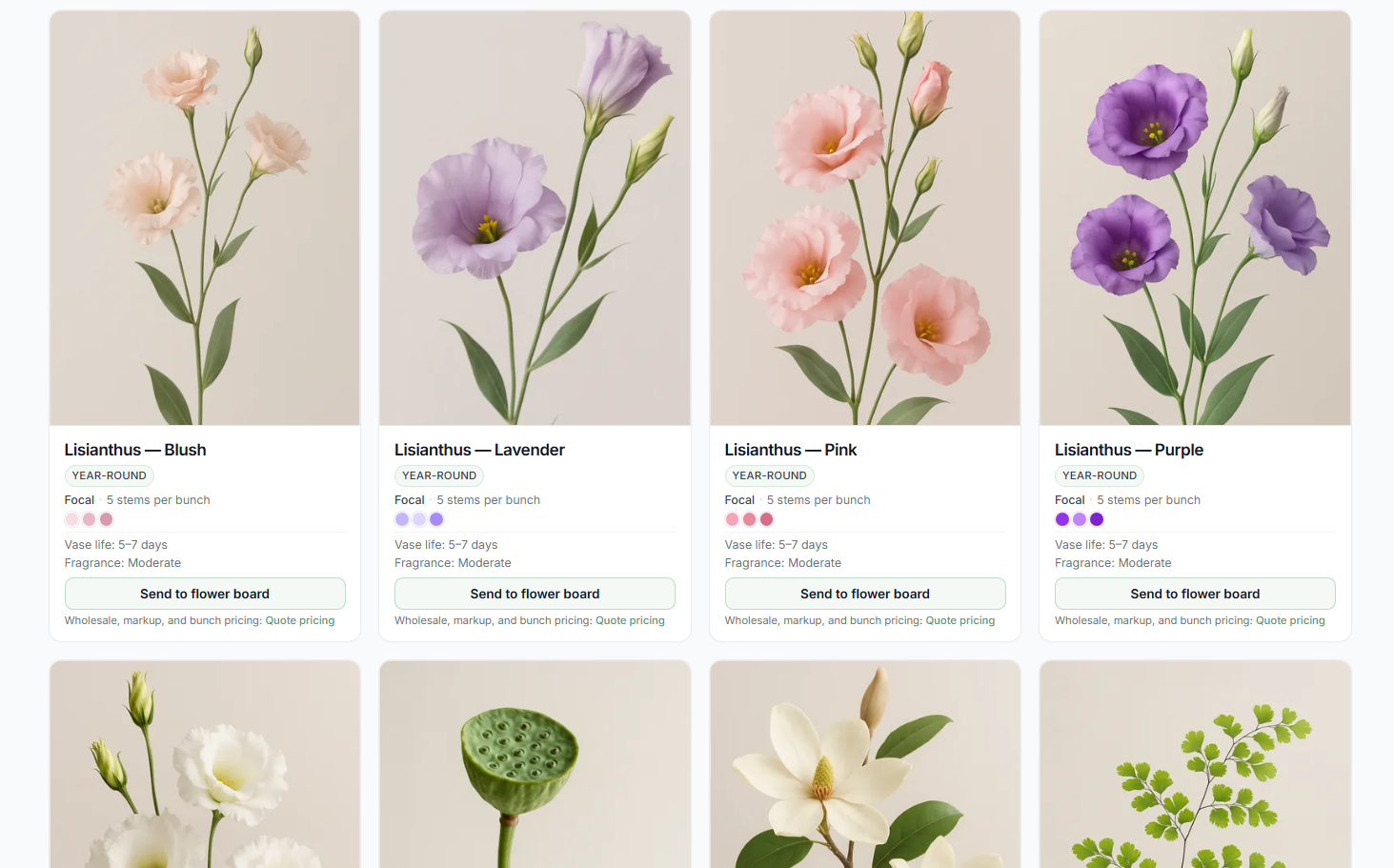 Stemly Flower Catalog showing flower photos, colors, roles, and seasons.