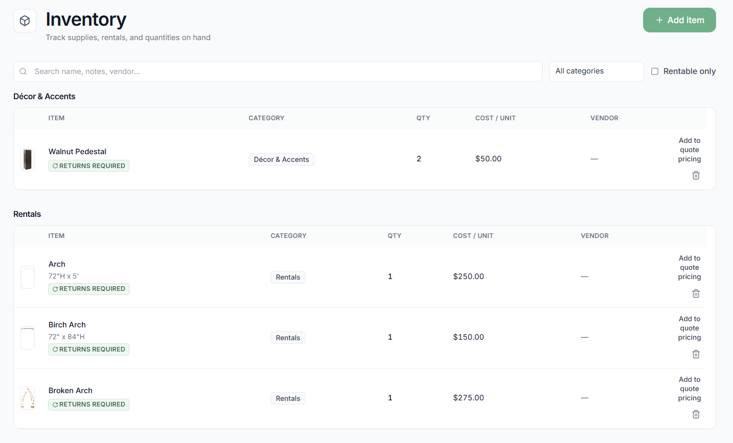 Stemly inventory list with quantities on hand and a rentable piece.