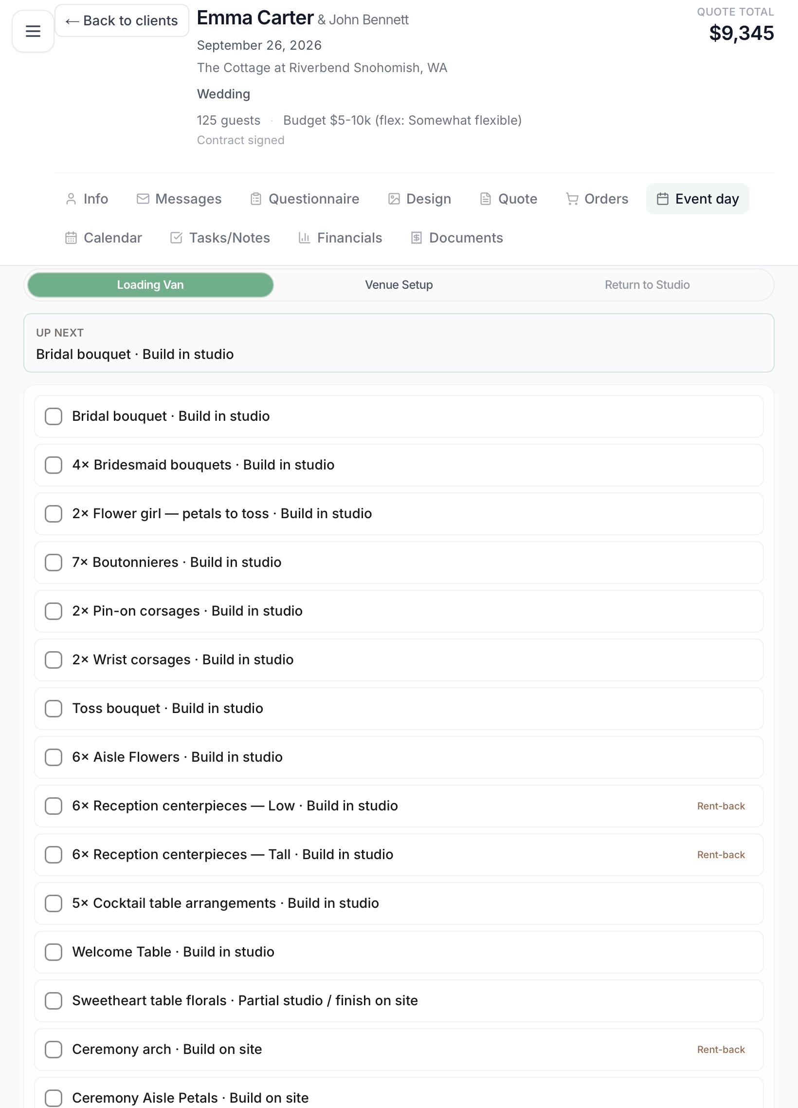 Stemly packing list workflow with Loading, Venue Setup, and Return to Studio stages