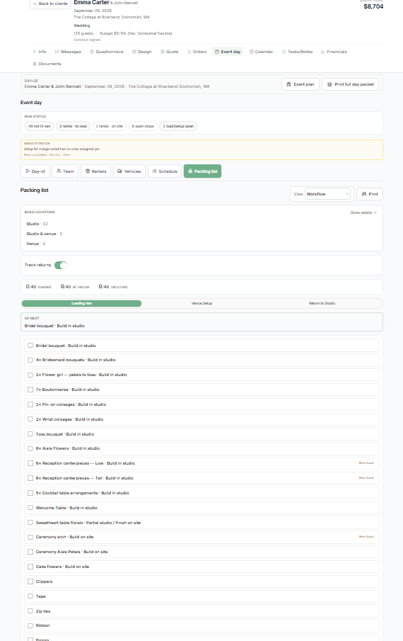 Stemly packing list workflow with Loading Van, Venue Setup, and Return to Studio stages