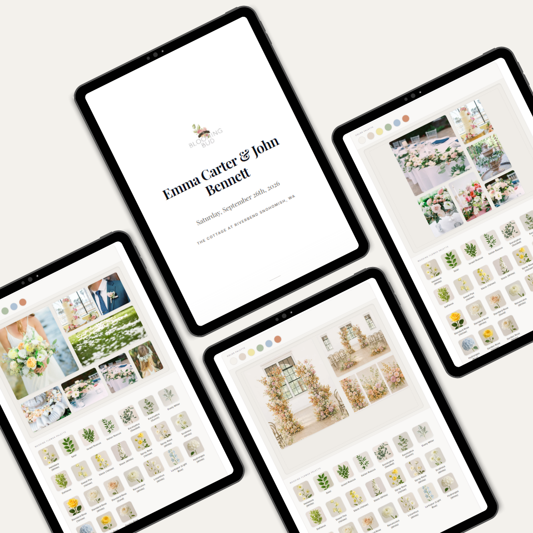 Stemly client proposal on tablets showing cover page, wedding vision, ceremony, and reception design
