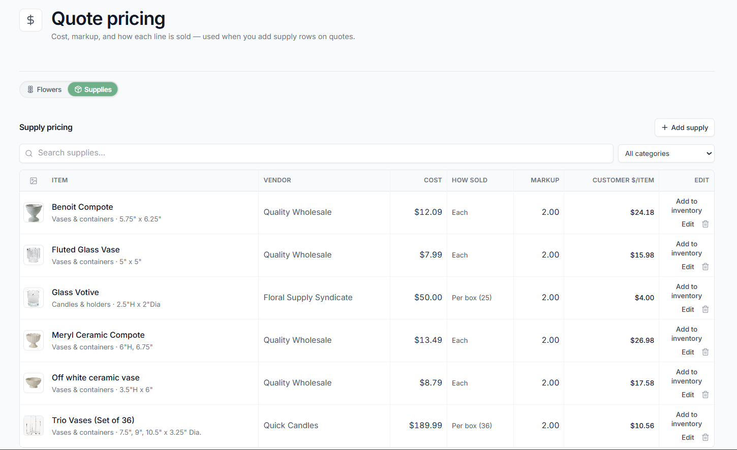 Stemly Quote pricing supplies list with hardgoods, cost, and markup.