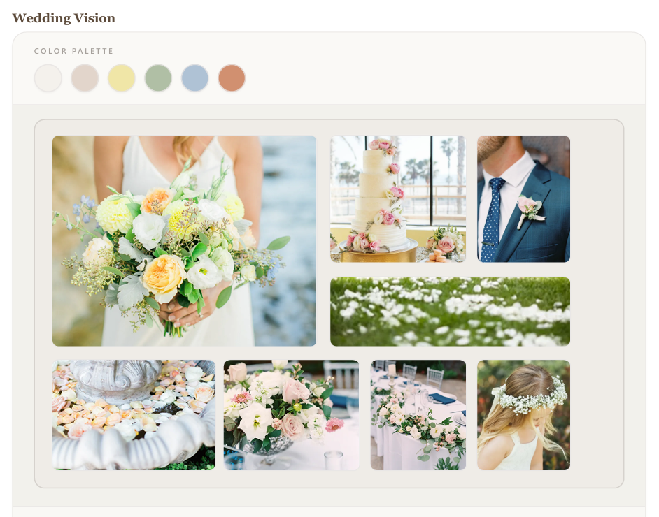 Stemly Wedding Vision design board with wedding inspiration and color palette